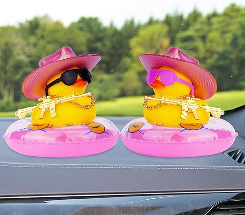 Miniatura 6 de MuMyer Pato vaquero para automóviles, pato de goma para tablero de automóvil, accesorios de adorno de auto con mini sombrero de vaquero holográfico,