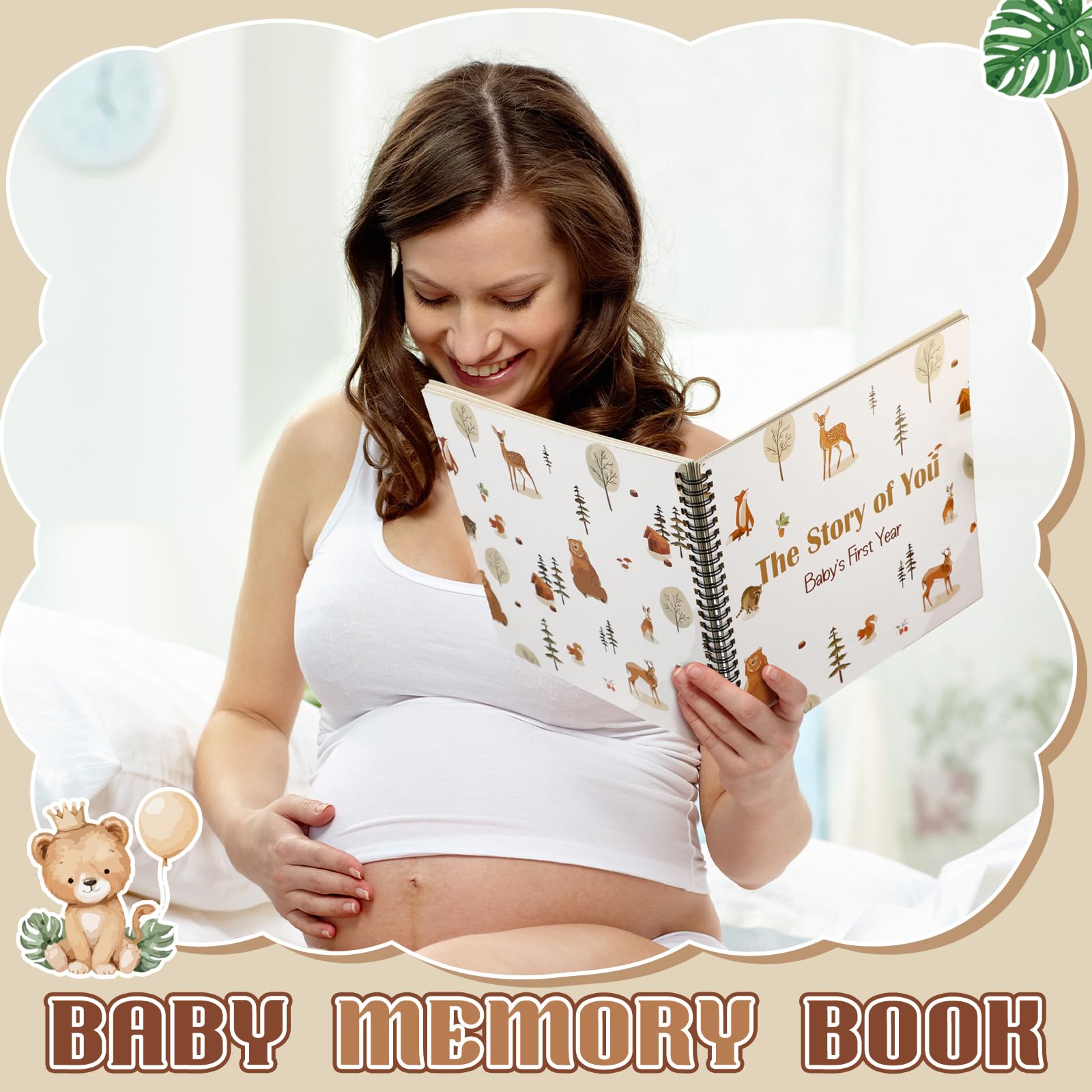 Motiskyy 32-seitiges Baby-Erinnerungsbuch mit 8 Taschen, Woodland the Story of You, Babybuch für einen Meilenstein-Scrapbook zum Aufzeichnen von der Geburt bis zum Alter von 1 Jahr