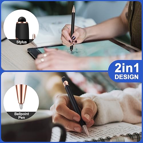 Miniatura 2 de Tenare 12 Piezas 2 en 1 Bolígrafo Estilo Metal con Punta de Lápiz, Bolígrafo de Tinta Negra de 1.0 mm para Pantallas Táctiles (Negro y Oro Rosa)