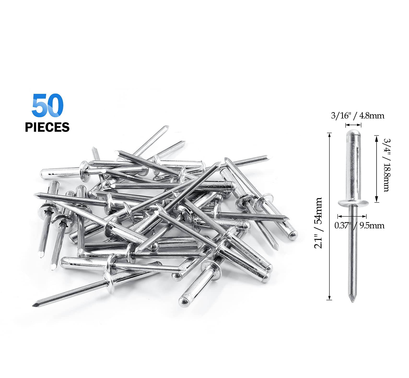 Rivetti Ciechi Alluminio 25 Rivetti POP In Alluminio - Diametro 3/16", Lunghezza 1/2", Testa Grande, Per Fissaggi Rapid Rivetti Filettati - Foto 11