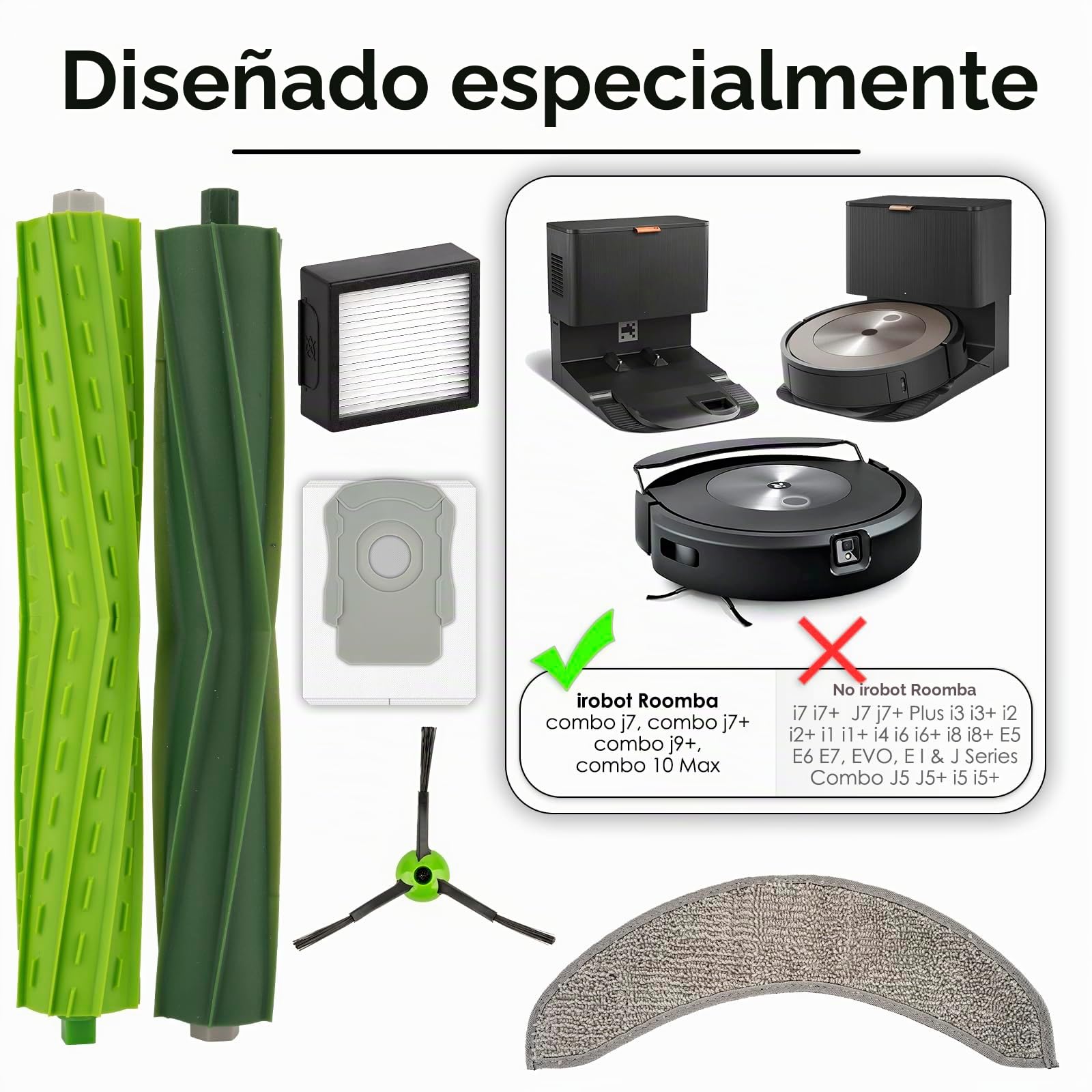 (30 piezas) Repuestos para iRobot Roomba Combo j7+, Combo j9+, Combo 10 Max, 2 juegos de cepillos giratorios, 4 almohadillas para fregona, 8 filtros HEPA, 6 bolsas para polvo, 8 cepillos laterales