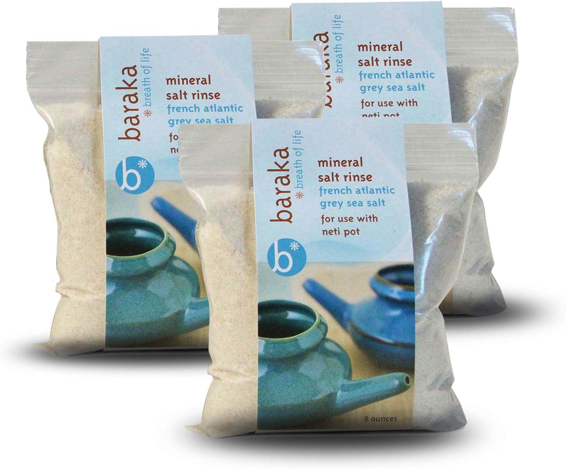 Baraka Neti Pot Mineral Salt Sinus Rinse Saline Solution - Use with Neti Pot - Premium No Burning French Atlantic Sea Salt for Sinus (8 oz, 3 Pack)