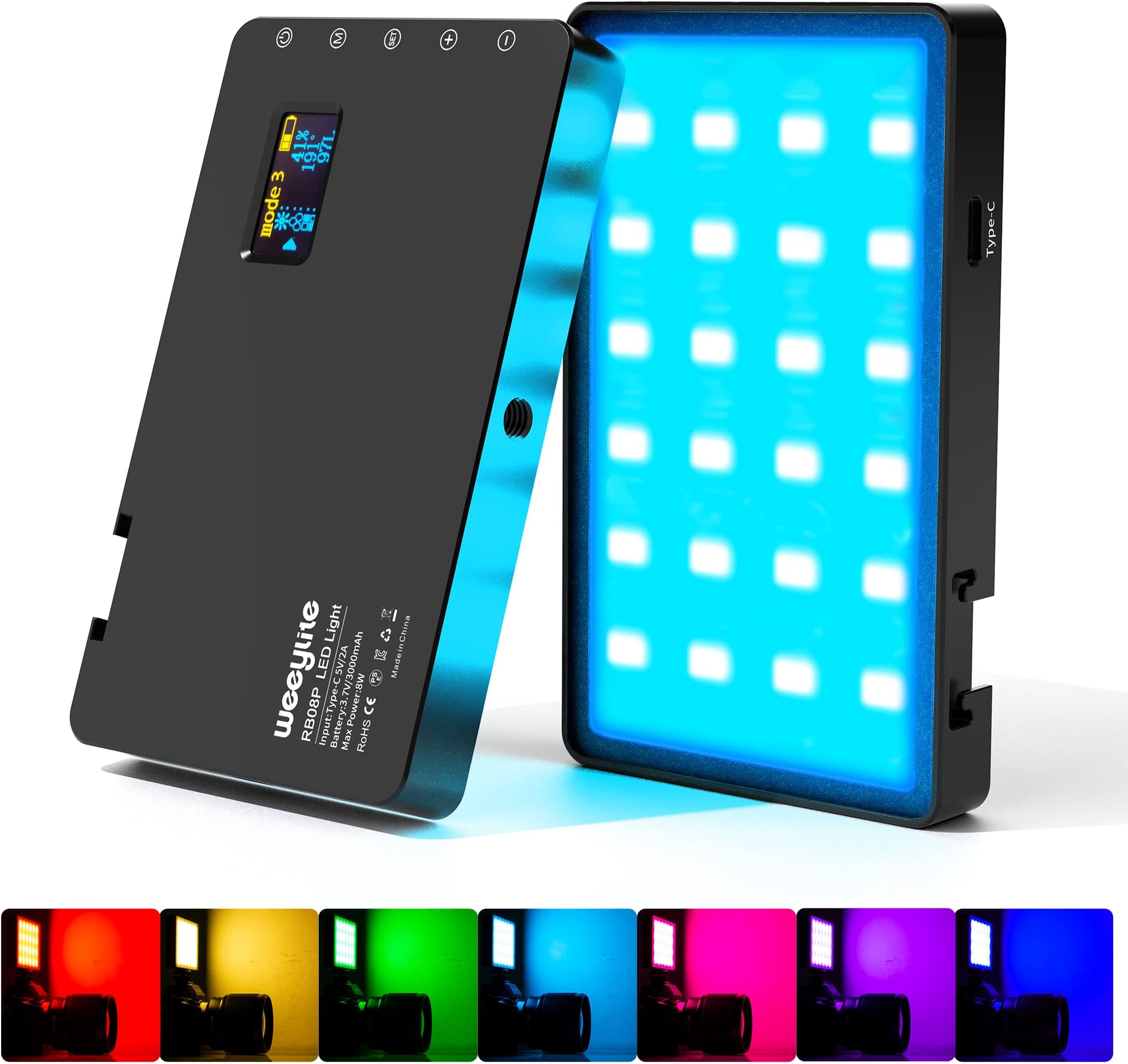Weeylite RB08P RGB LED Video Light, Portable Small Pocket LED Camera Light with Mini Tripod & Phone Holder, 2500-8500K Photography Lights Panel with Built-in 3000mAh LCD Display Type-C Charging