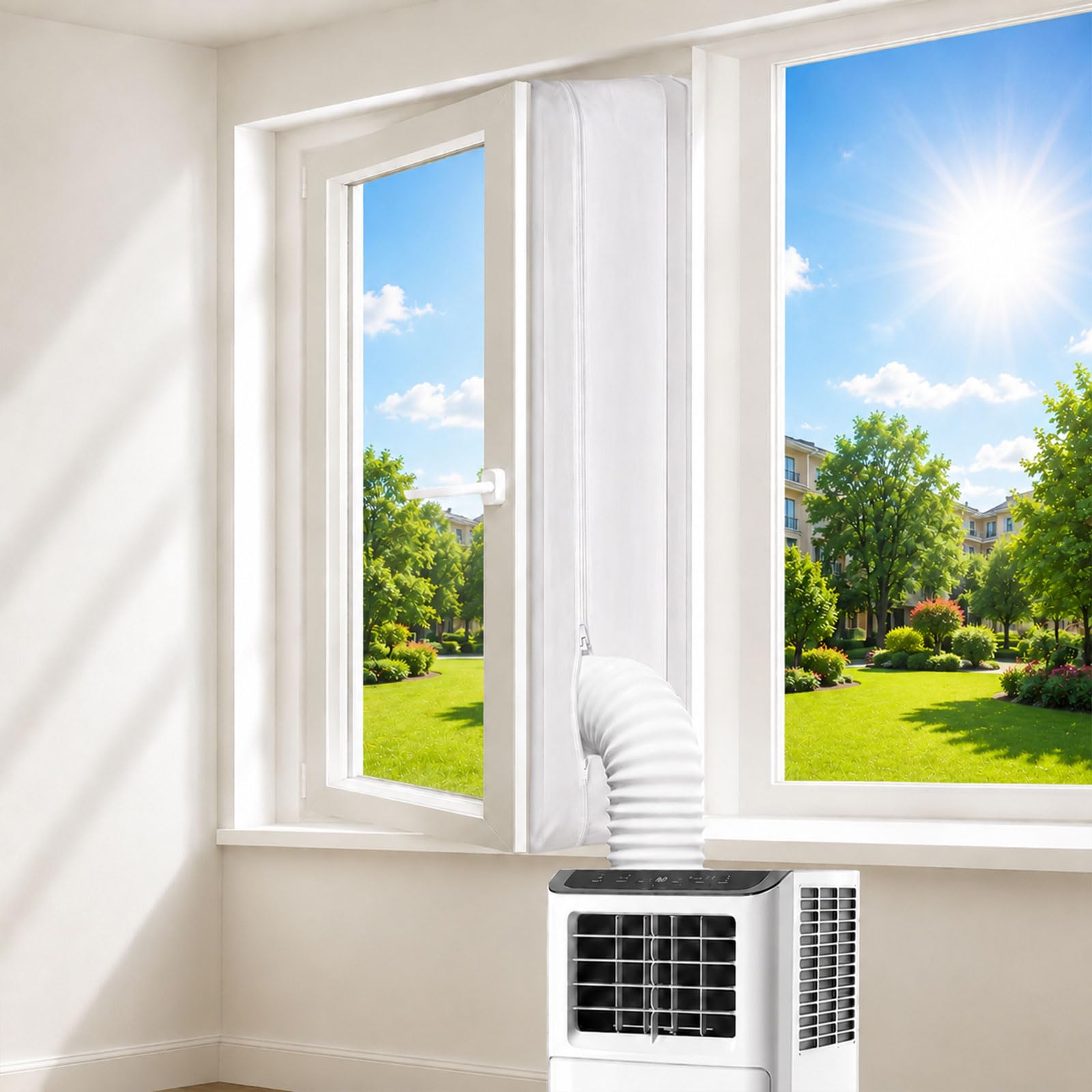 GZTINGI Air Conditioner Window Seal, Wind Resistant Waterproof Anti-Mosquito Universal Air Conditioner Window Seal Kit, with Zip and 27.2FT Hook Tape, Window Seal for Portable AC and Tumble Dryer