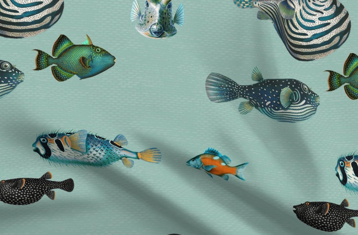 Spoonflower Fabric - Vintage Nautical Sea Life Coastal Maritime Duck Egg Aqua Tropical Printed on Petal Cotton Fabric Fat Quarter - Sewing Quilting Apparel Crafts Decor