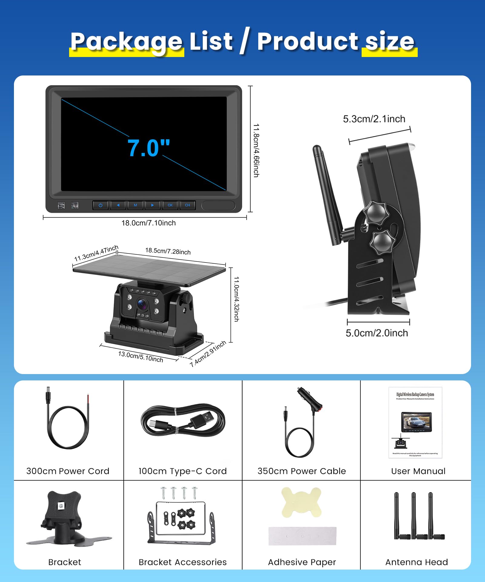 VECHTEL Cámara de Marcha atrás inalámbrica con Pantalla HD IPS de 7", visión Nocturna IP68, cámara magnética inalámbrica alimentada por energía Solar, Soporte telescópico