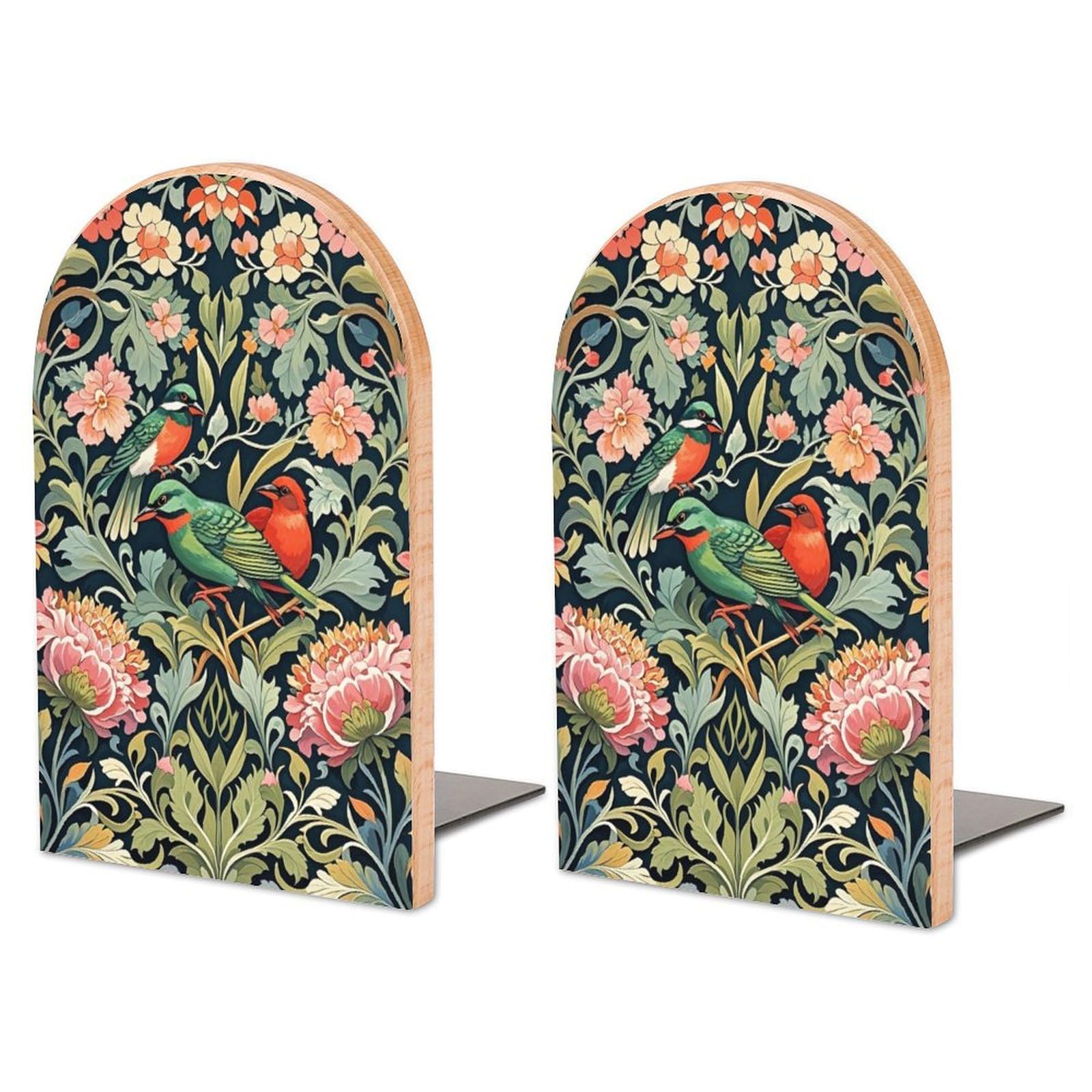 2 Pcs Wood Book Ends, William Morris Flowers Birds cup Book Shelf Holder, Non Slip Wooden Bookends Stand for Shelves Home Office Library Study Decor