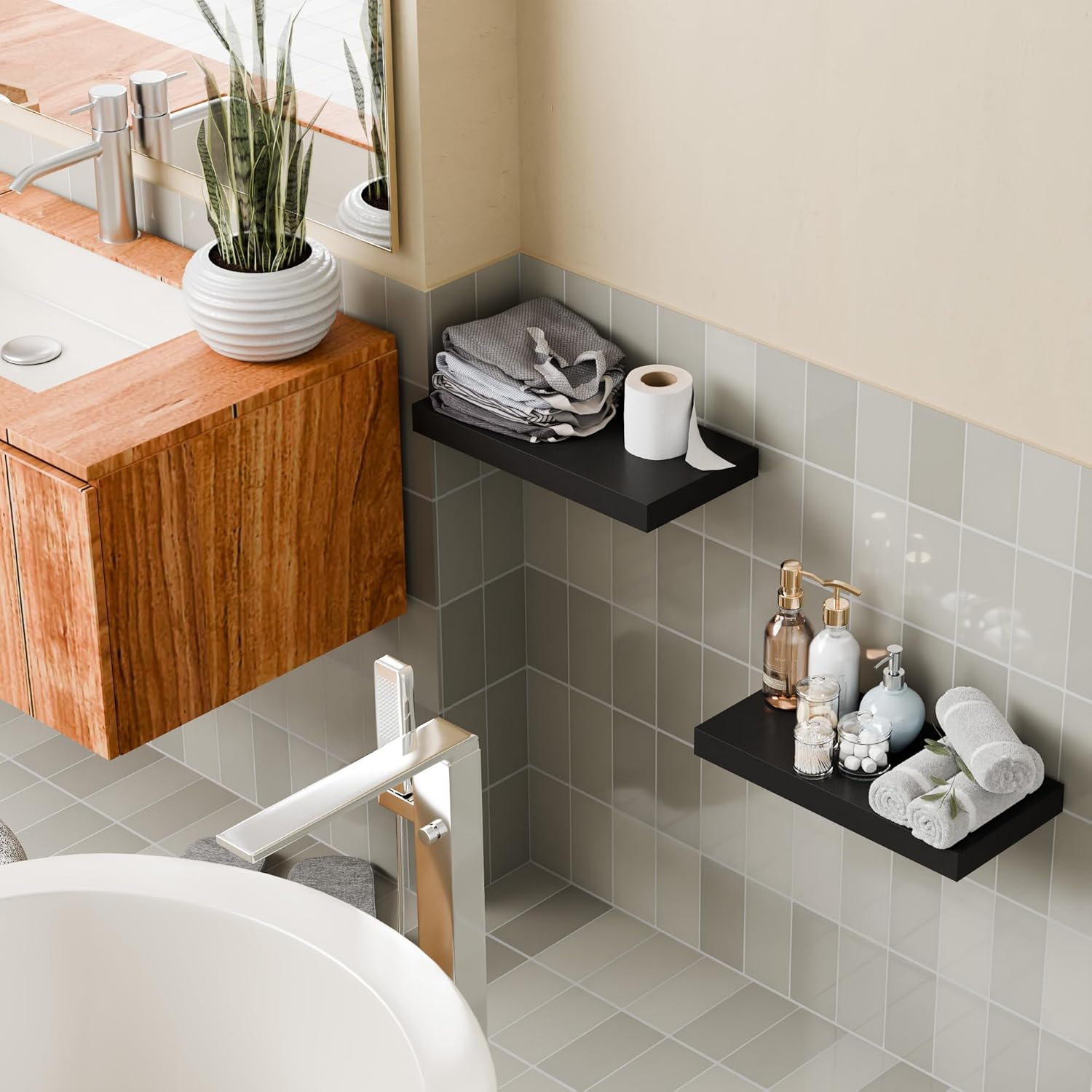 Black 16 Inch Floating Shelves for Wall, 8 Inch Deep Floating Shelves Set of 2, Wall Shelves for Bathroom Over Toilet, Live Edge Shelf with Invisible Brackets for Bedroom, Home Decor