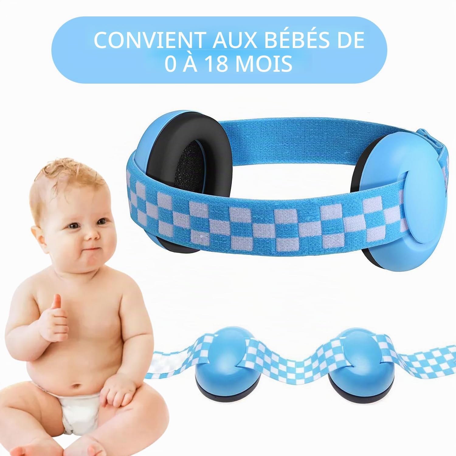 1 protection de l'onglet pour bébé - Arceau doux et réglable - Isolation acoustique - Convient pour les bébés de 0-18 mois (bleu), 7*7*8cm