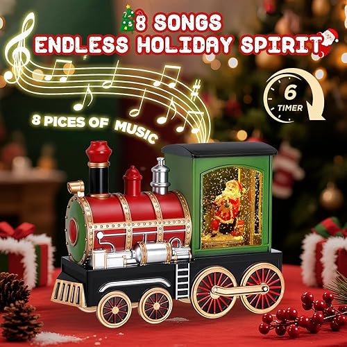 Miniatura 8 de Globo de nieve de tren musical de Navidad con escena de Papá Noel, decoración navideña LED retro con 8 canciones navideñas, lentejuelas mágicas y