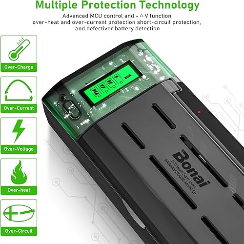Miniatura 4 de BONAI Cargador De Batería Inteligente Para AA AAA C D 9V Ni-MH Baterías Recargables Con Función De Descarga Y Pantalla LCD Carga Rápida - Negro