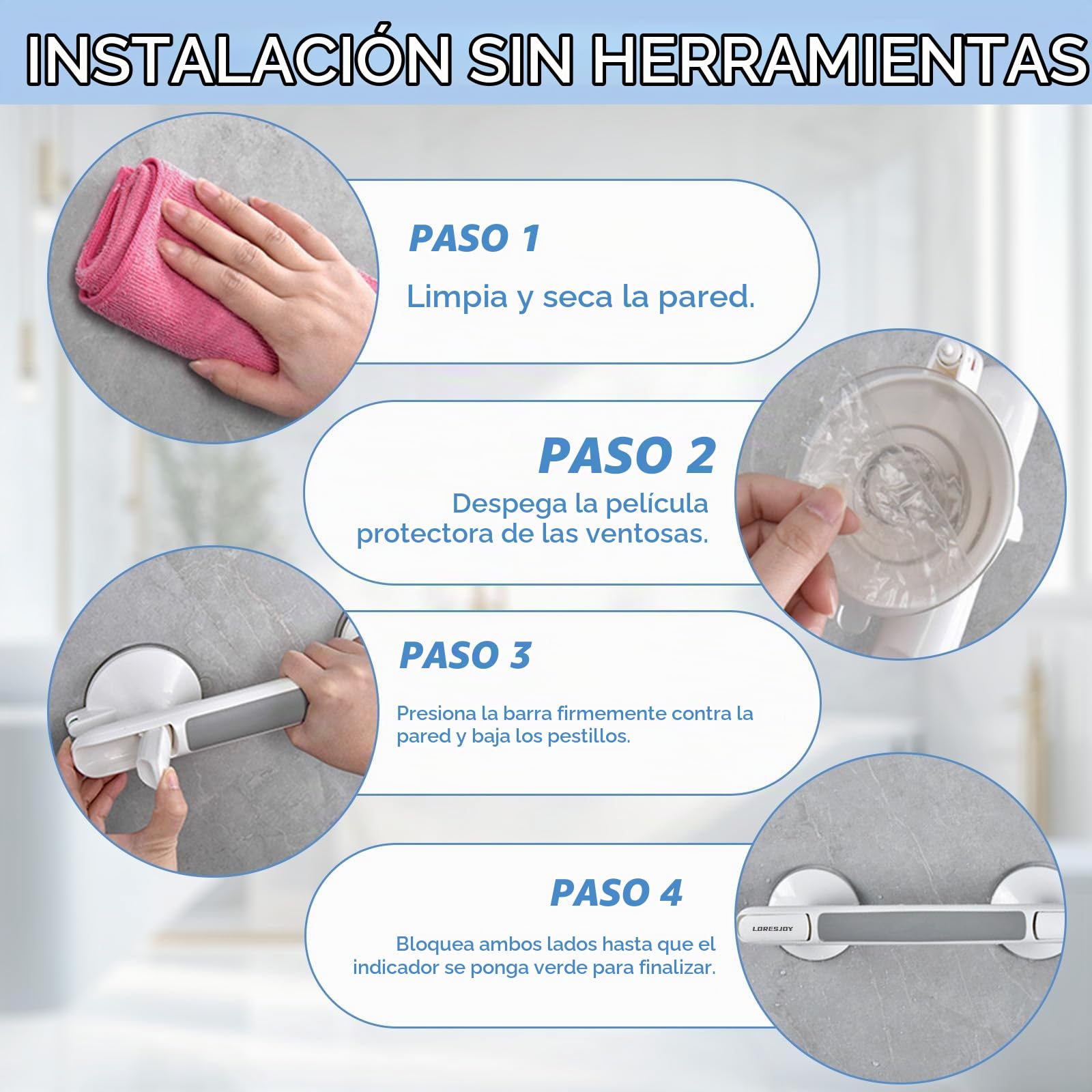 Agarraderas Baño Para Personas Mayores, Asa De Seguridad Para Baño (1pc) | Asidero Baño Con Ventosa, Barra De Apoyo Antideslizante Para Ancianos Para Bañeras, Ducha, WC