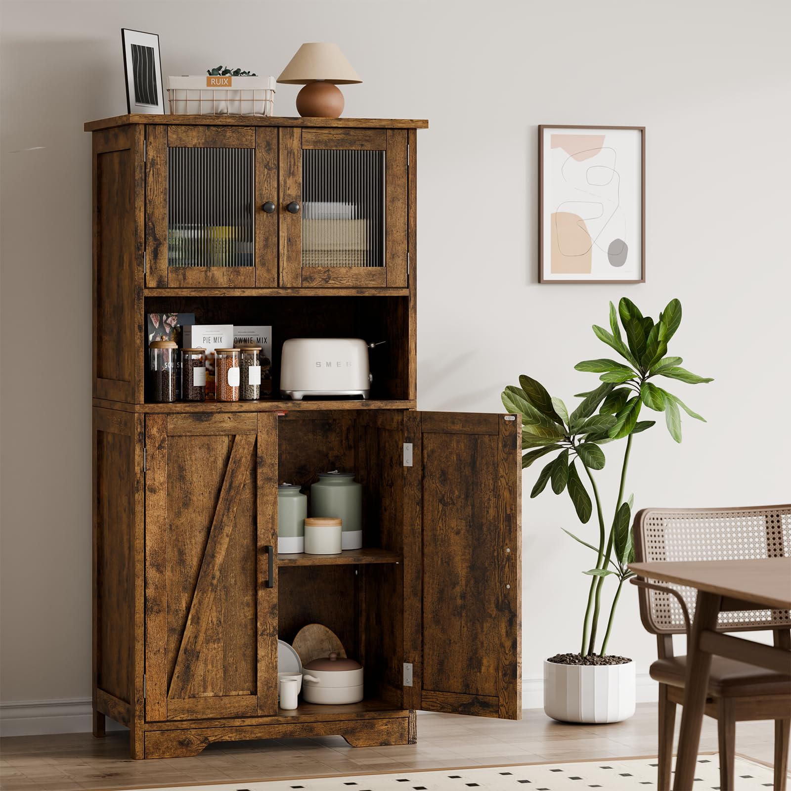 Zstar 50.4" Gabinete De Almacenamiento Grande De MDF con 4 Puertas y 1 Compartimento Abierto, 2 Puertas De Vidrio, Estantes Ajustables para Cocina, Dormitorio, Sala o Pasillos, Marrón.