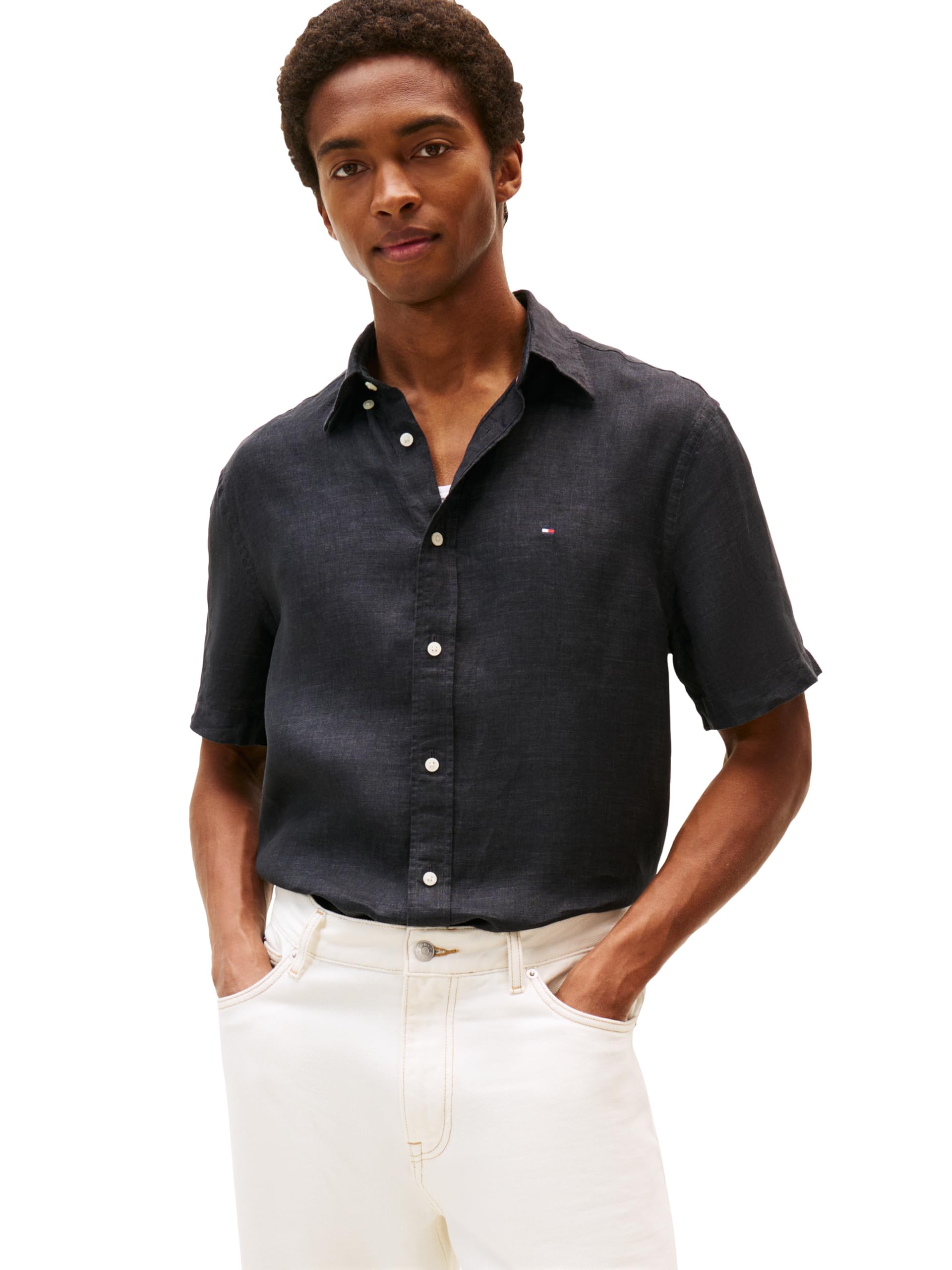 Tommy Hilfiger Men's Black Short Sleeve Casual Linen Button Down Shirts In Regular Fit, Xl