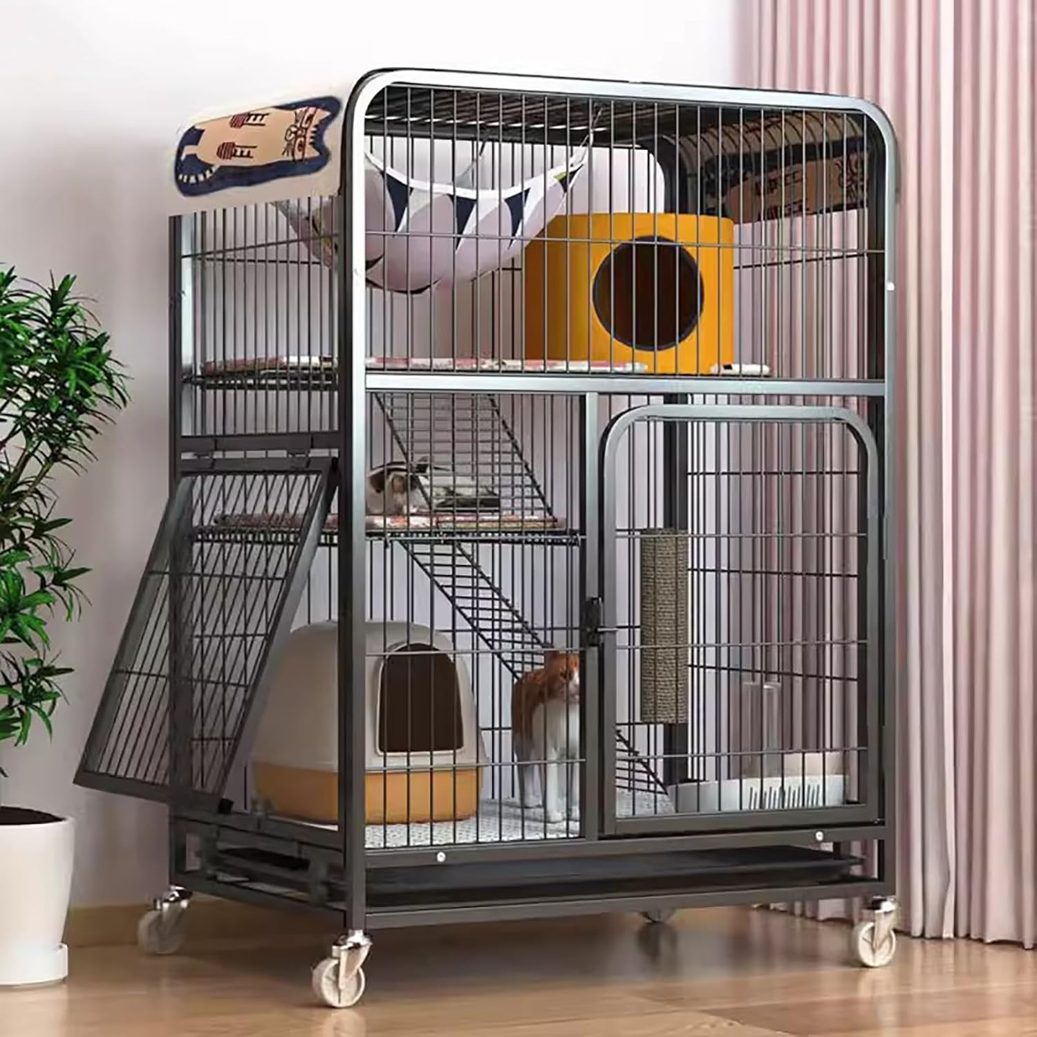 Large Cat Cage with Wheels - 3 Tier Metal Cat Enclosure for Indoor Use with Litter Box - Suitable for 2-3 Cats and Rabbits