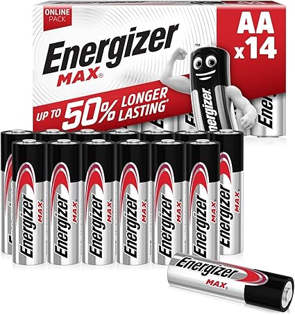 El paquete de 14 pilas alcalinas Energizer MAX AA ofrece hasta un 50% más de duración que las pilas básicas en cámaras digitales. Son ideales para cámaras, timbres, controladores, relojes y otros dispositivos cotidianos. Cuentan con protección contra fugas y una vida útil de hasta 10 años.