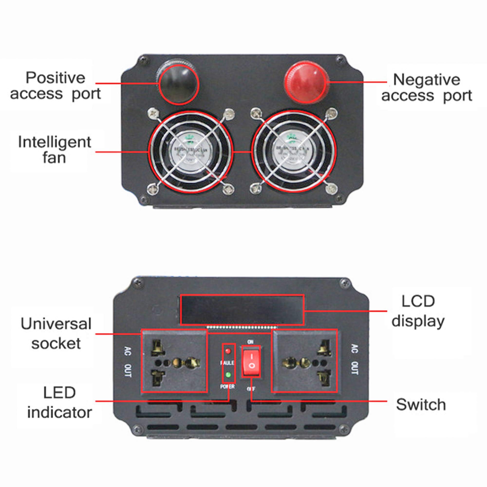1500 W Reiner Sinus-Wechselrichter, 3000 W Spitzen-Auto-Wechselrichteradapter DC 12 V / 24 V Bis AC 220 V, Mit Zwei Wechselstromsteckdosen,DC 24V to AC 110V