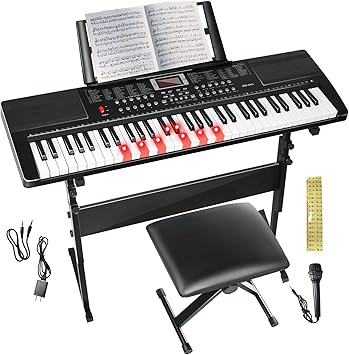 Keyboard Piano 61 Key Electric Piano Keyboard for Beginners/Professional, Portable Light Up Music Keyboard Built-in Dual Speakers with LED Display, Music Stand, Stand, Microphone, Bench A