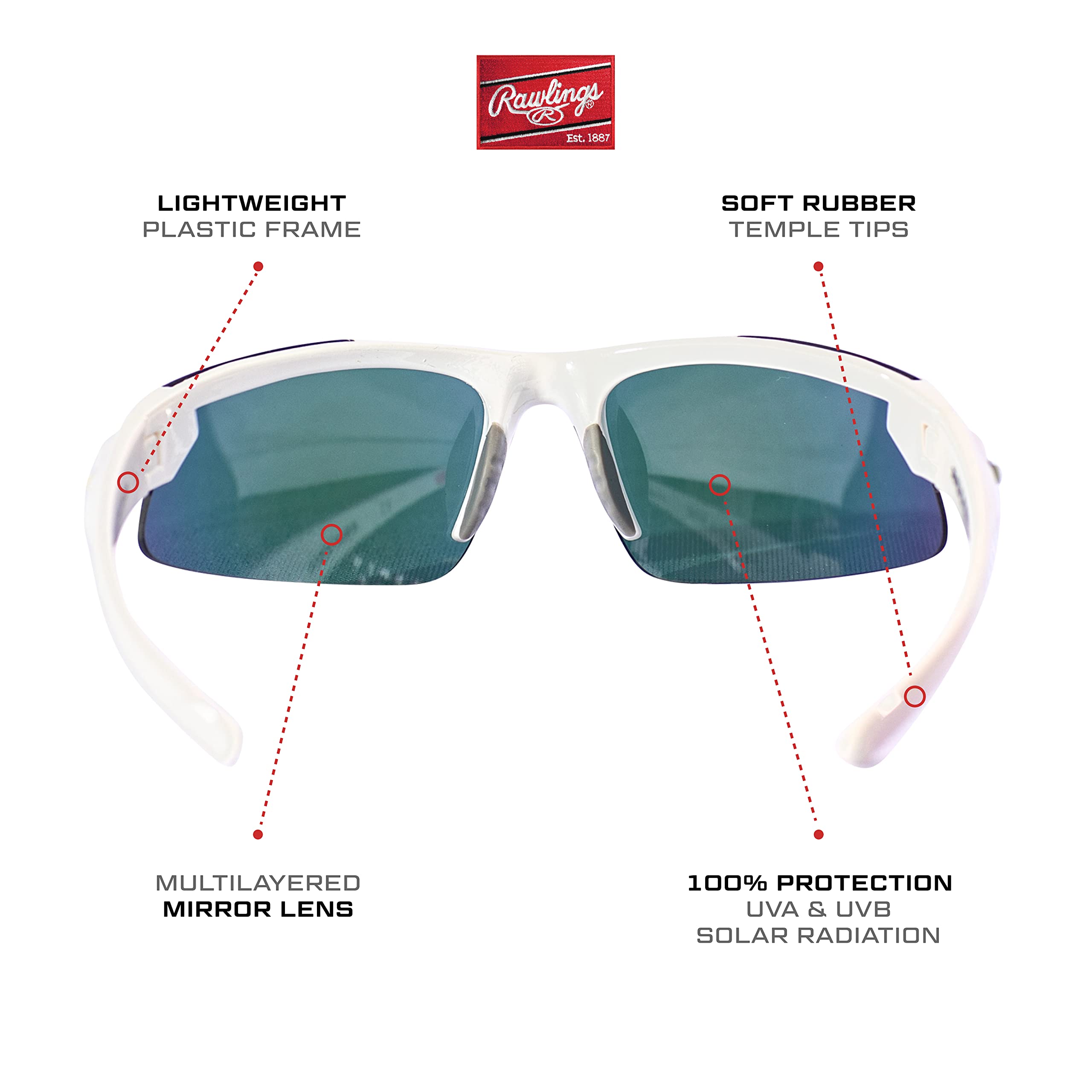RAWLINGS Młodzieżowe sportowe okulary baseballowe 100% UV Poly soczewki lekkie stylowe soczewki ochronne, składane odporne na zarysowania, biały/różowy