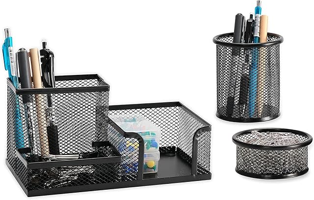Ideal Life 3 Pcs Desk Organizer, Desk Supplies Organizer Caddy Paper Clip Holder And Pen Organizer Storage for Office, School, Home Supplies, Translucent Black Pen Storage Holder (Black)