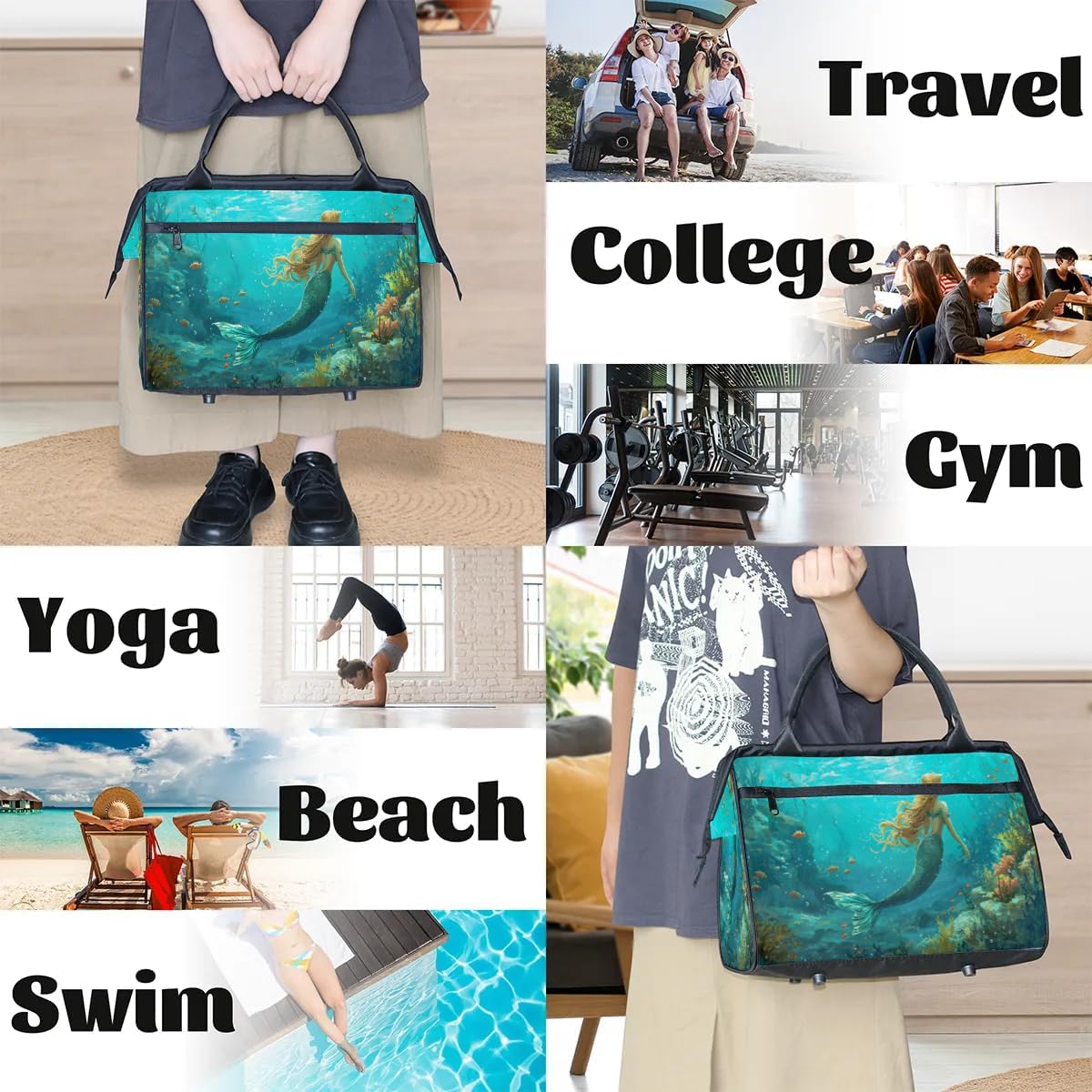 Cartoon Mermaid Underwater Fishes Travel Duffle Bag, Waterproof Duffel Bag Weekender Overnight Carry On Bag Lightweight Sport Gym Bag for Men Women