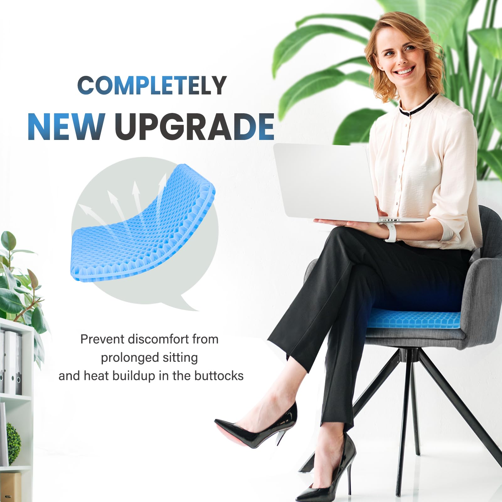 Cuscino per seduta in gel, per sedia da ufficio, comodo e traspirante, adatto per auto, ufficio, casa, sedia a rotelle, con fodera lavabile, per stare comodi e freschi (Azzurro, 44cm*39cm*4cm)