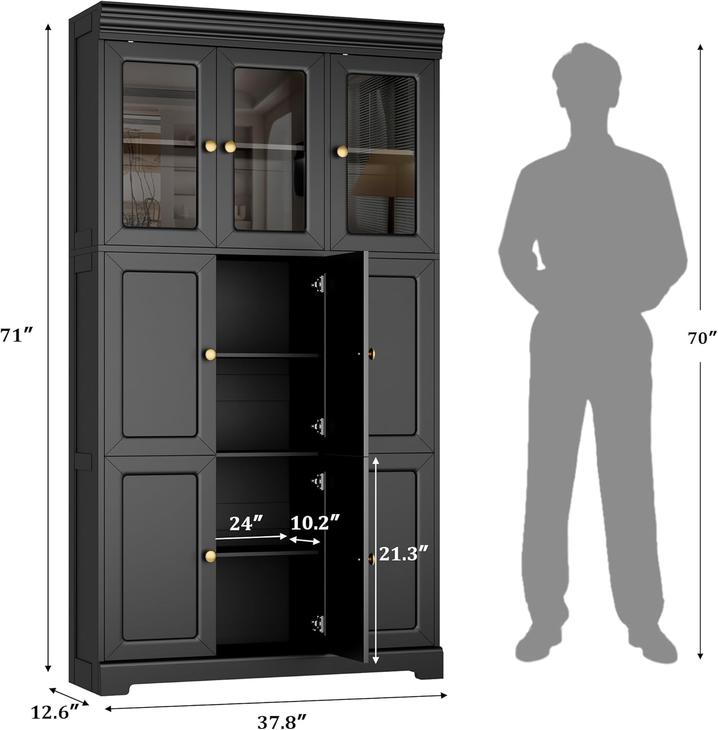 Keyluv 71" Tall Bookshelf and Bookcase with Glass Door, 6-Tier Large Book Shelf with Storage Cabinet, Floor Standing Cabinet Bookshelves with Adjustable Shelves for Home Office/Living Room, Black