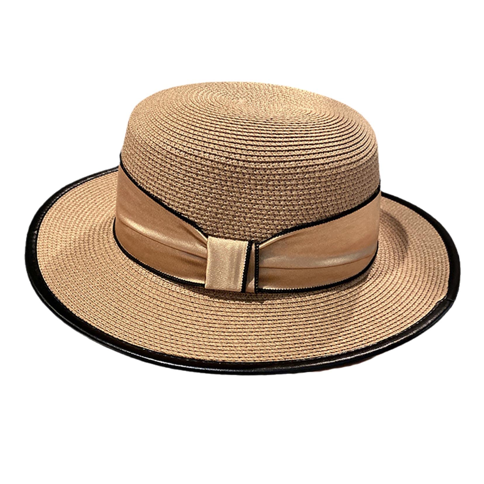 Frauen Vintage Strohhut Boater Hut Verstellbarer Sommer Flat Top Fedora Hut mit Bandband khaki-56-58cm