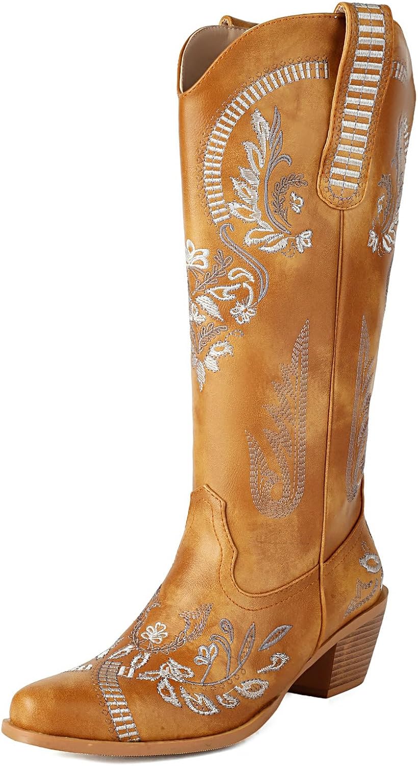 KiutSymo Western Cowboy Boots for Women Embroidered Retro Country Boots Pointed Toe Chunky Heel Pull On Wide Calf Classic Fashion Tall Knee High Cowgirl Boots