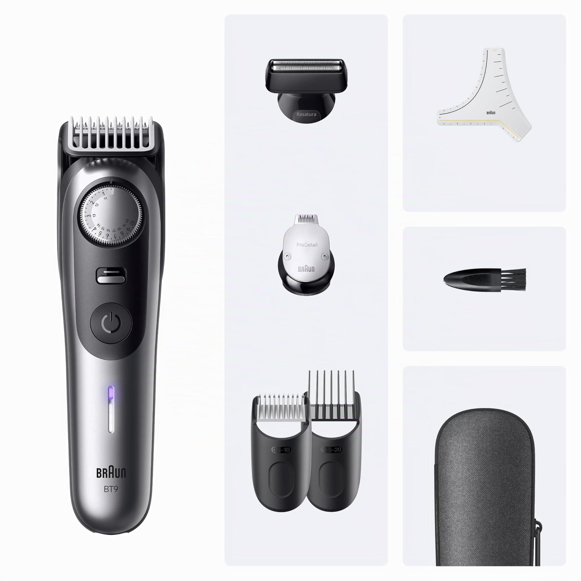 Braun Trimmer Barba Series 9, + 7 Strumenti Barbiere, Modalità PowerBoost, Lama ProBlade, 180 Min Autonomia, Gradiato, 50 Lunghezze, Rotella Di Precisione E Blocco, Impermeabile, BT9520, Cromo