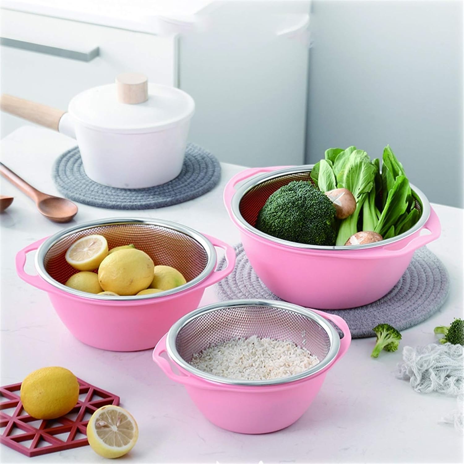 Draining Rack 3 Sets Double-Layer Colander Round Filter Bowl with Handle Used for Washing Vegetables and Fruits, Stacked to Save Space Drainage Rack(Pink)