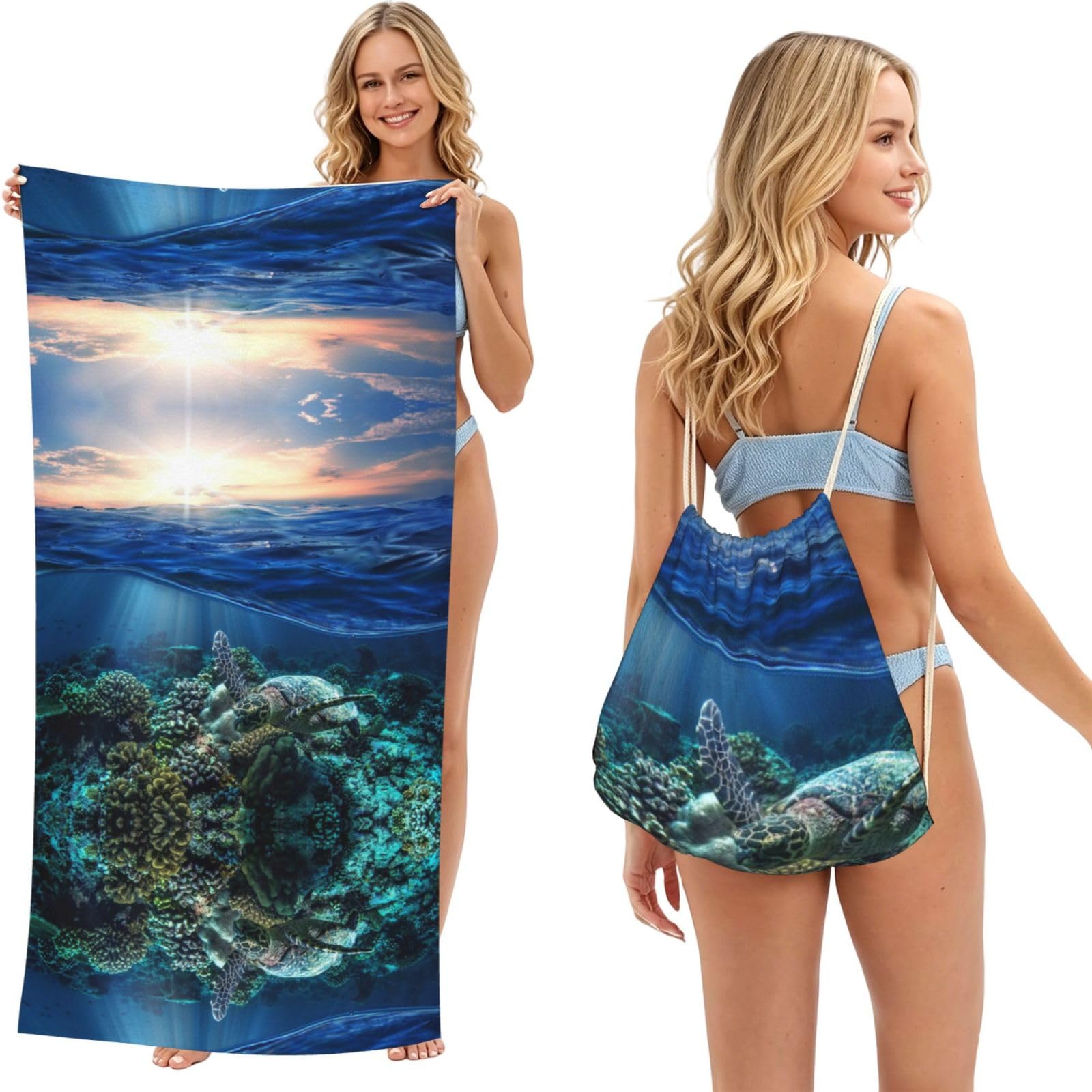 SATUSA Sea Turtle Floating Up And Over Coral Print 2-In-1 Foldable Beach Towel Backpack â€“ Camping, Yoga And Travel,Bath Towel With Built-In Storage, Convertible Beach Mat & Carry Bag