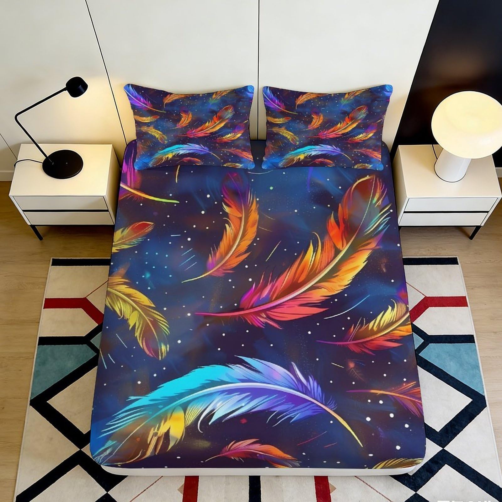3D Printed Feather Fitted Sheet Microfiber Non-Slip Deep Pocket Feather Mattress Fitted Cover Washable Bedding Full Wrap for All Ages 200x200x25cm