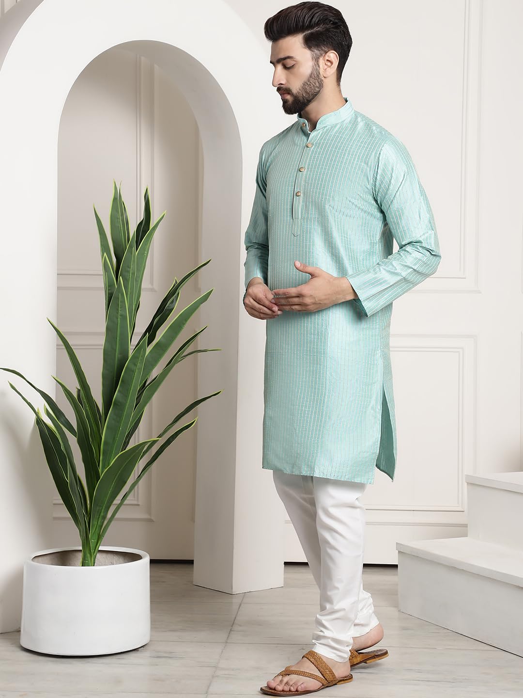 Sojanya (Since 1958 Men's Silk Blend Sea Green Pintex Kurta And White Churidar Pyjama Set