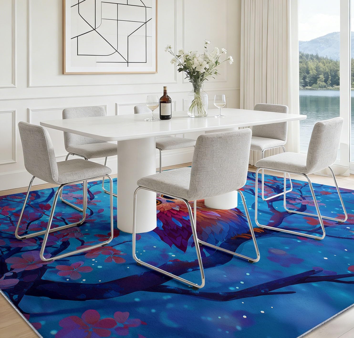 Linda alfombra de salón con ramas de búho, 120 x 170 cm, animales de fantasía de franela, lavable, antideslizante, alfombra de pelo corto, alfombra de suelo para salón, comedor u oficina, fácil de