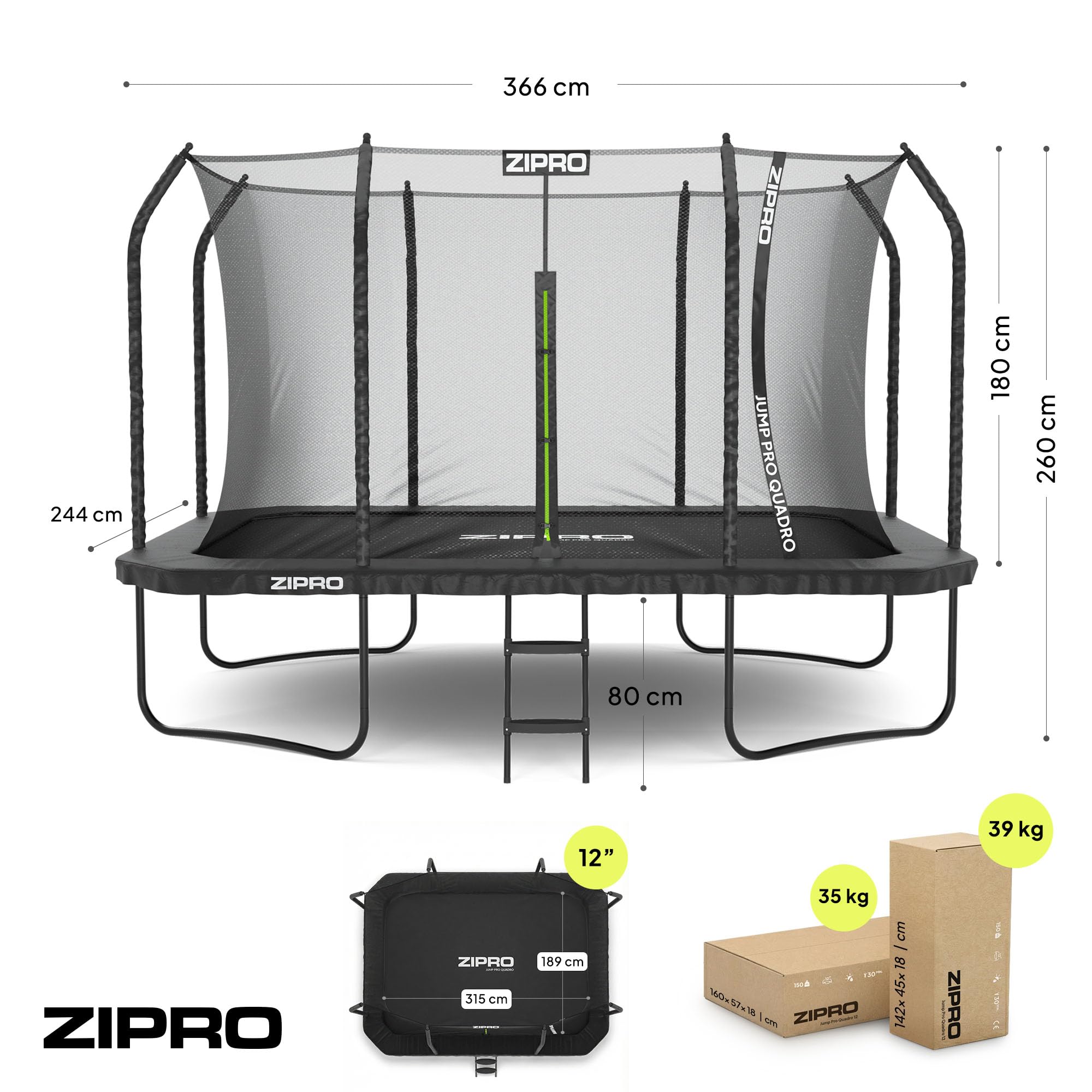 ZIPRO Trampoline Extérieur - Trampoline de Jardin Rectangulaire avec Filet de Sécurité, Tapis de Saut et Échelle - Trampoline Familial Charge Max 150 kg - JumpPro Quadro Ø 366/472 cm