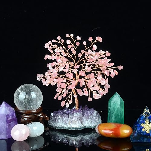 Miniatura 6 de Árbol de la vida de cristal de cuarzo rosa con base de racimo de amatista, árbol de dinero decorativo de Feng Shui, regalo de energía positiva de