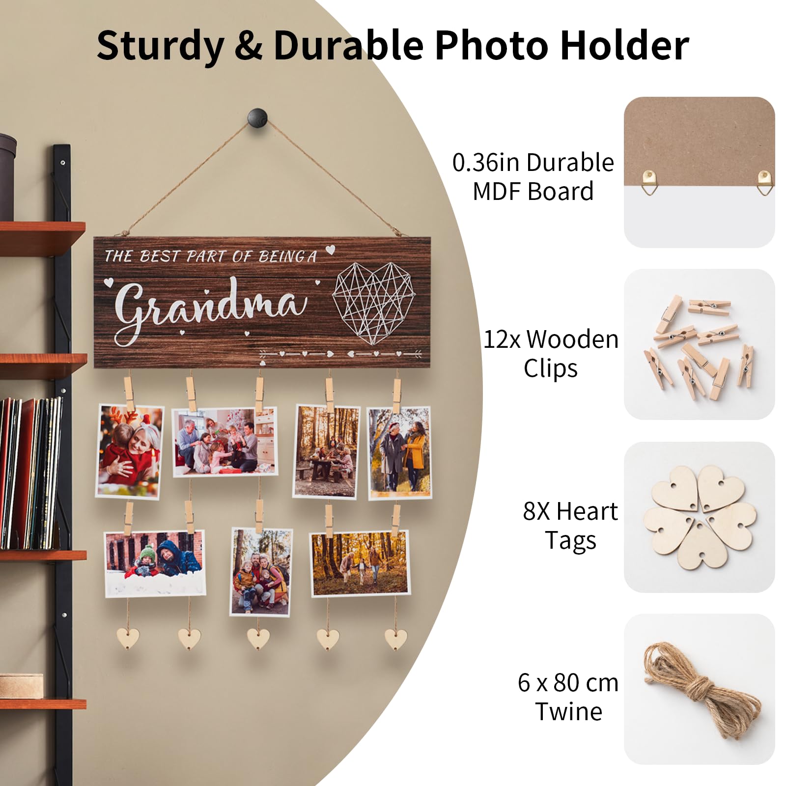 Grandma brag board Grandma Gifts Nana Photo Holder, Mothers Day Gifts for Grandma from Granddaughter and Grandson, Grandkids Photo Frame Nana Gigi Grandmother Present Hanging Photo Frame with clips and Twine(Brown)