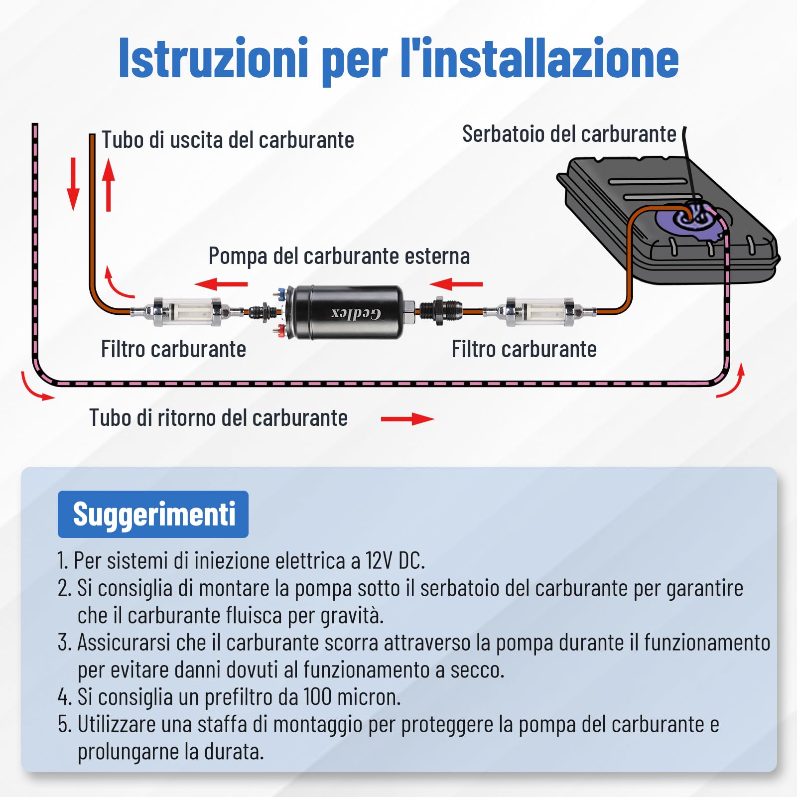 Pompa Gasolio 12V, 300L/H Universale Pompa Benzina ad Alto Flusso, 75 PSI Pompa Carburante Elettrica con Collare d'urto, Compatibile con Benzina