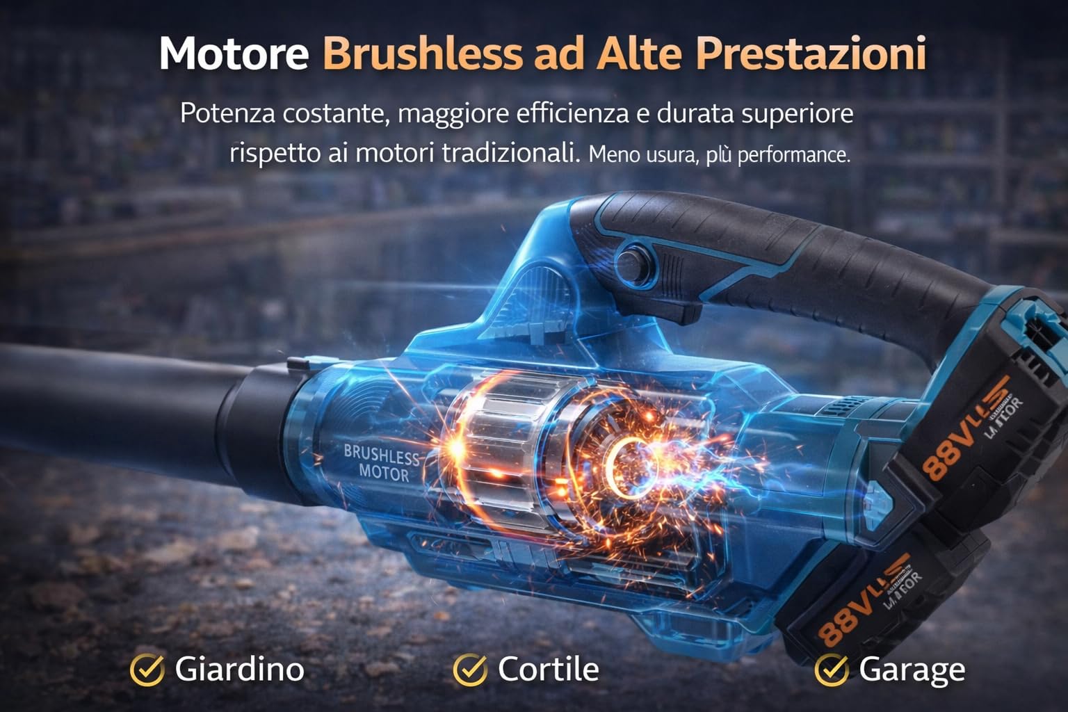 Soffiatore a Batteria 88V con 2 Batterie 4.0Ah, 2 Anni di Garanzia, 240 km/h, 20000 RPM, 6 Velocità Regolabili, Soffiatore Foglie Elettrico con Caricabatteria e Ugelli Inclusi