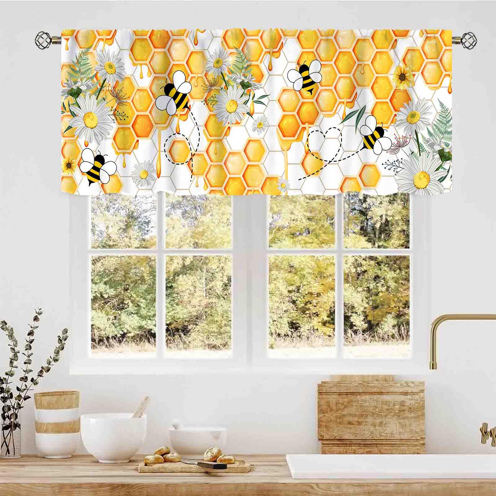 Bee Valance Curtains for Kitchen, Rustic Yellow Floral Spring Honeybee Sunflower Honeycomb Daisy Farmhouse Country Short Window Valance for Cafe Bedroom Living Room Bathroom Cabinet, 54"x18" Inch