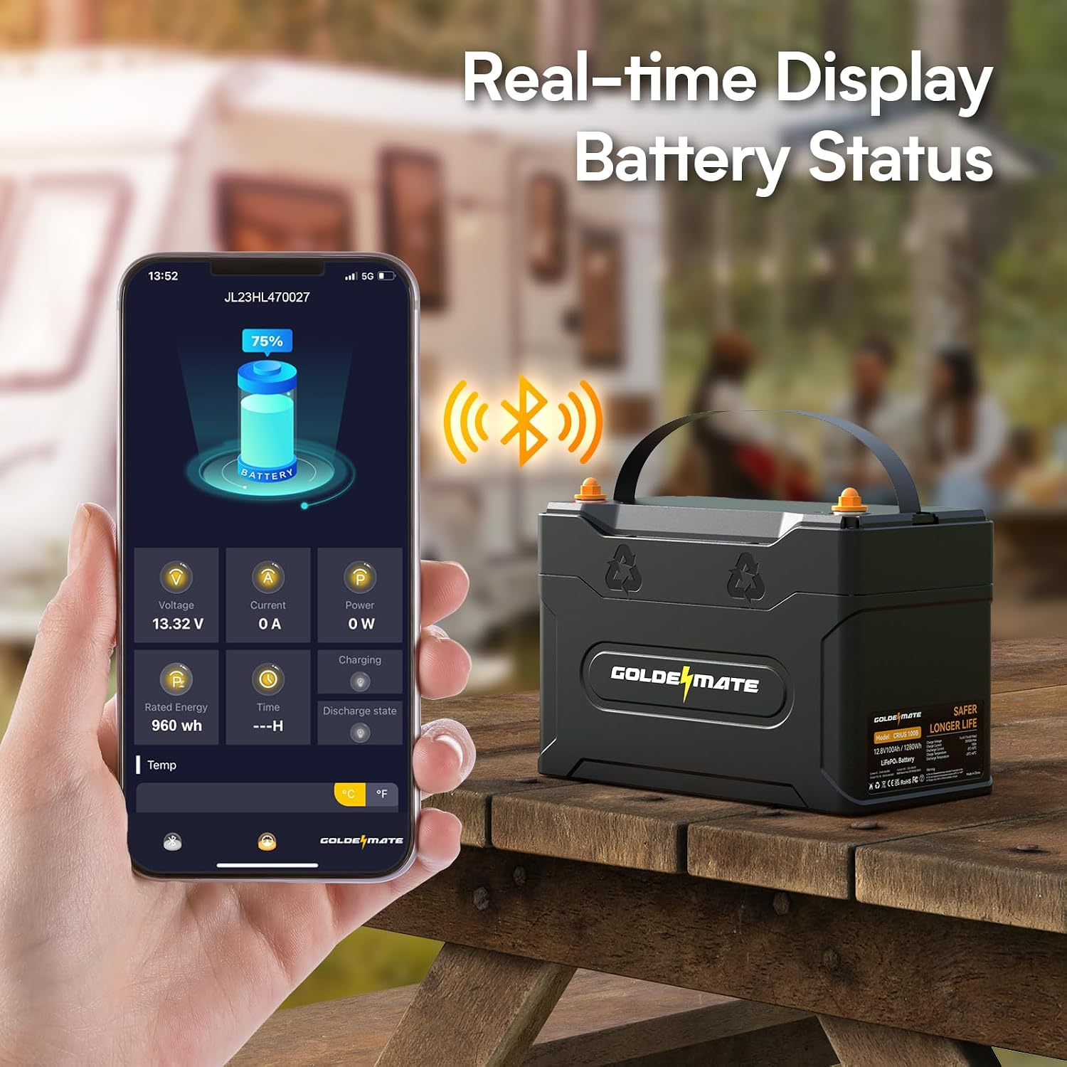 GOLDENMATE 12V 100Ah Group 31 Bluetooth LiFePO4 Battery, IP67 Waterproof Lithium Battery, 5000+ Deep Cycles, Built-in 100A BMS, Perfect for RV, Solar System, Marine, Trolling Motor, Off-Grid Setups