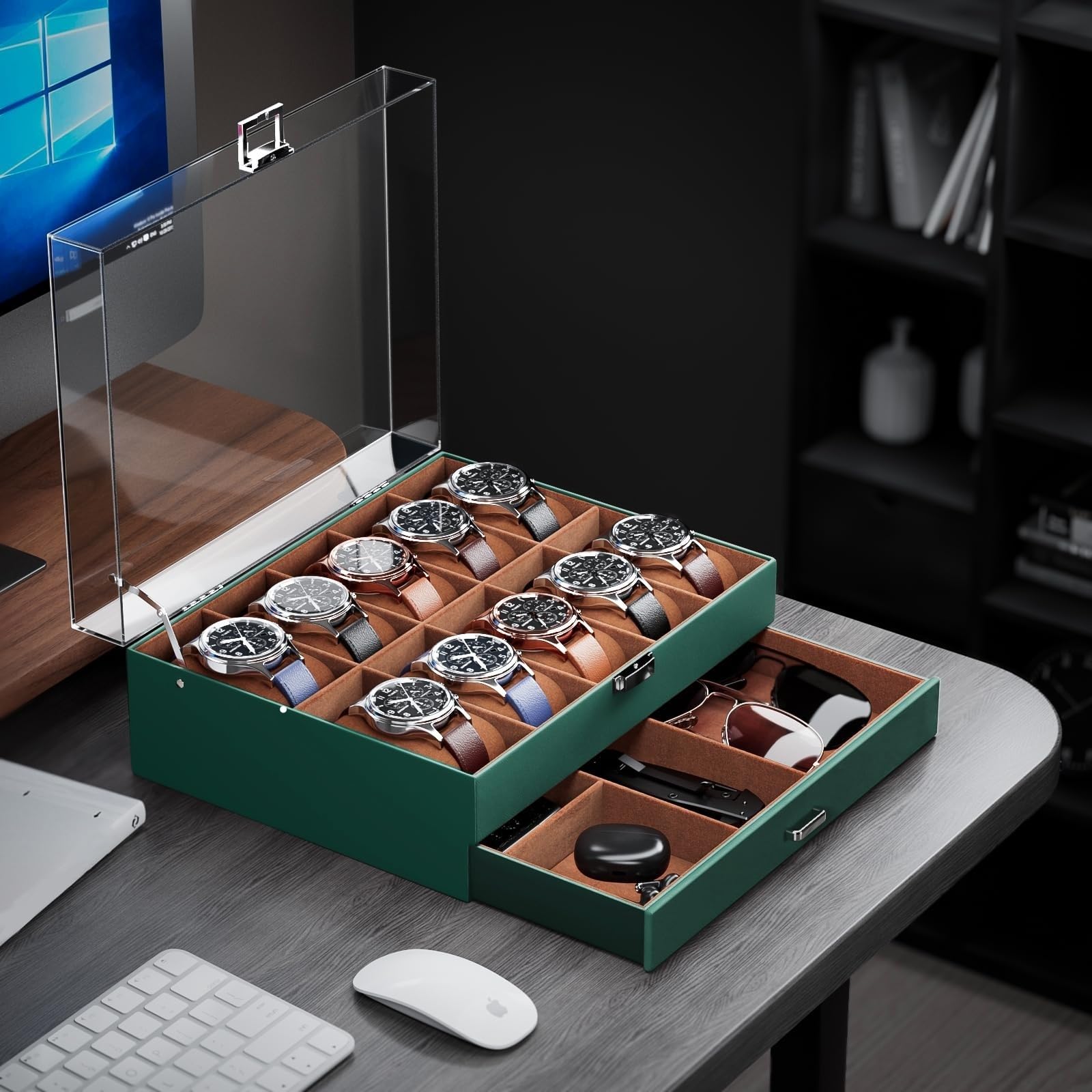 ProCase Caja para 10 Relojes, Organizador de Reloj Estuche de Relojes con Tapa de Cristal para Hombres -Verde