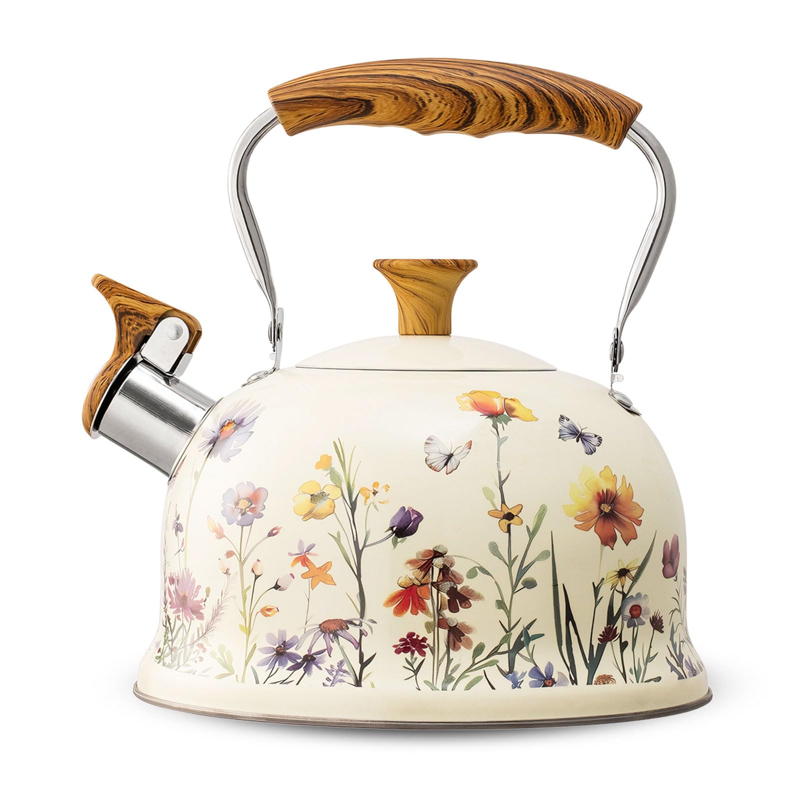 Wasserkessel aus Edelstahl (3L), Flötenkessel mit Einklappgriff, Wasserkocher für Induktion und Gasherd, Teekessel für Tee und Kaffee, Alle Kochplatten, (Weiß und Violett)