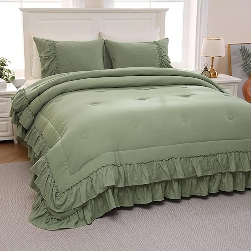 Miniatura 1 de Juego de edredón bohemio tamaño Queen con diseño de granja, estilo shabby chic de 2 capas con volantes, decoración de volantes de microfibra lavada