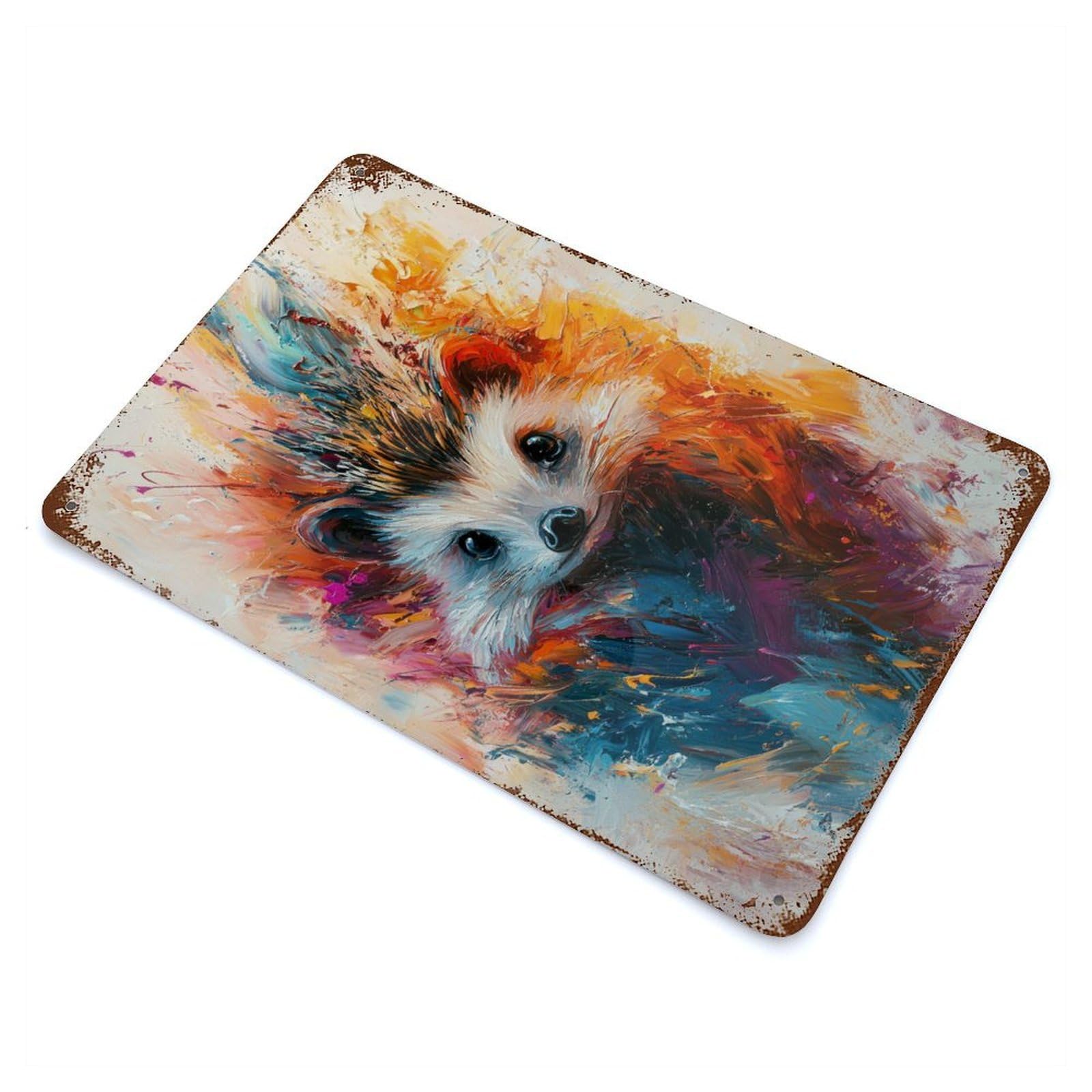 Distressed Metal Wall Sign Hedgehog Painting 11.8"x7.9", Vintage Wall Decor for Cafe, Home Bar And Lounge Decor