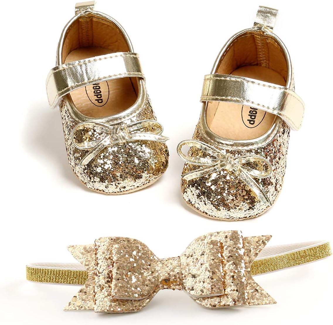 Baby Girls Mary Jane Flats with Bowknot Headband Infant Princess Dress Soft Sole Crib Shoes Non-Slip for Toddler First Walkers Gold Size: 0-6 Months Infant