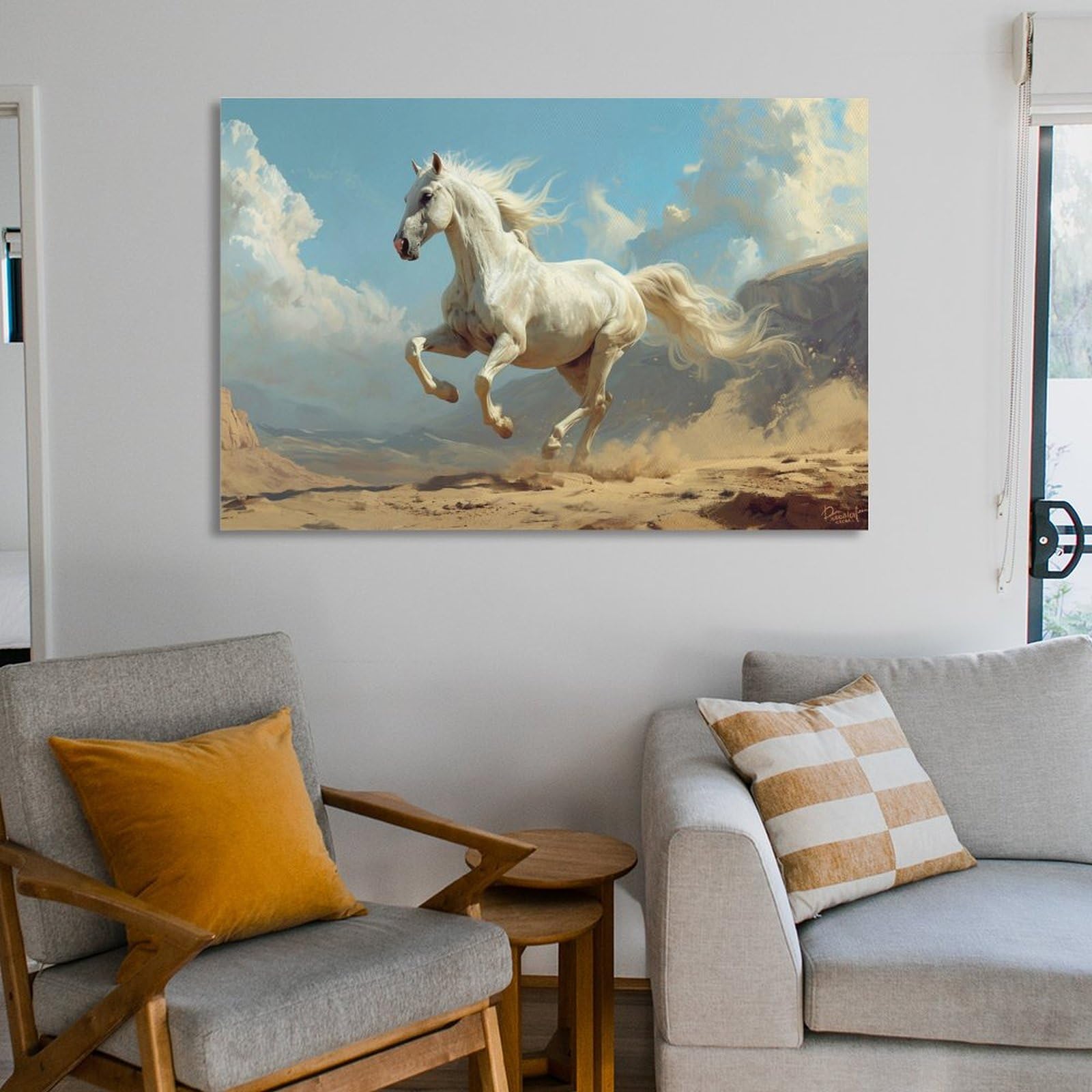 Amazon.co.jp: 絵画 疾走する白い馬インテリア 絵画 動物イラスト