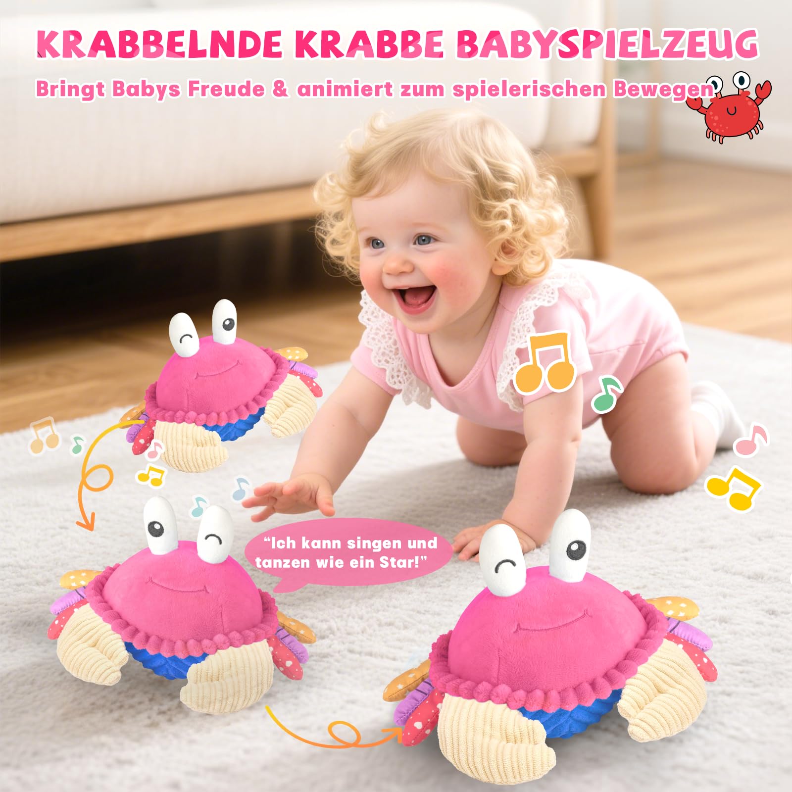 SAIMAND Krabbe Baby Toy 6 7 8 9 10 12 mesi, giocattolo per gattonare musicale, Crawling Crab Tummy Time Toy, giocattolo per bambini a partire da 1 2 anni, regalo per neonati (rosa)