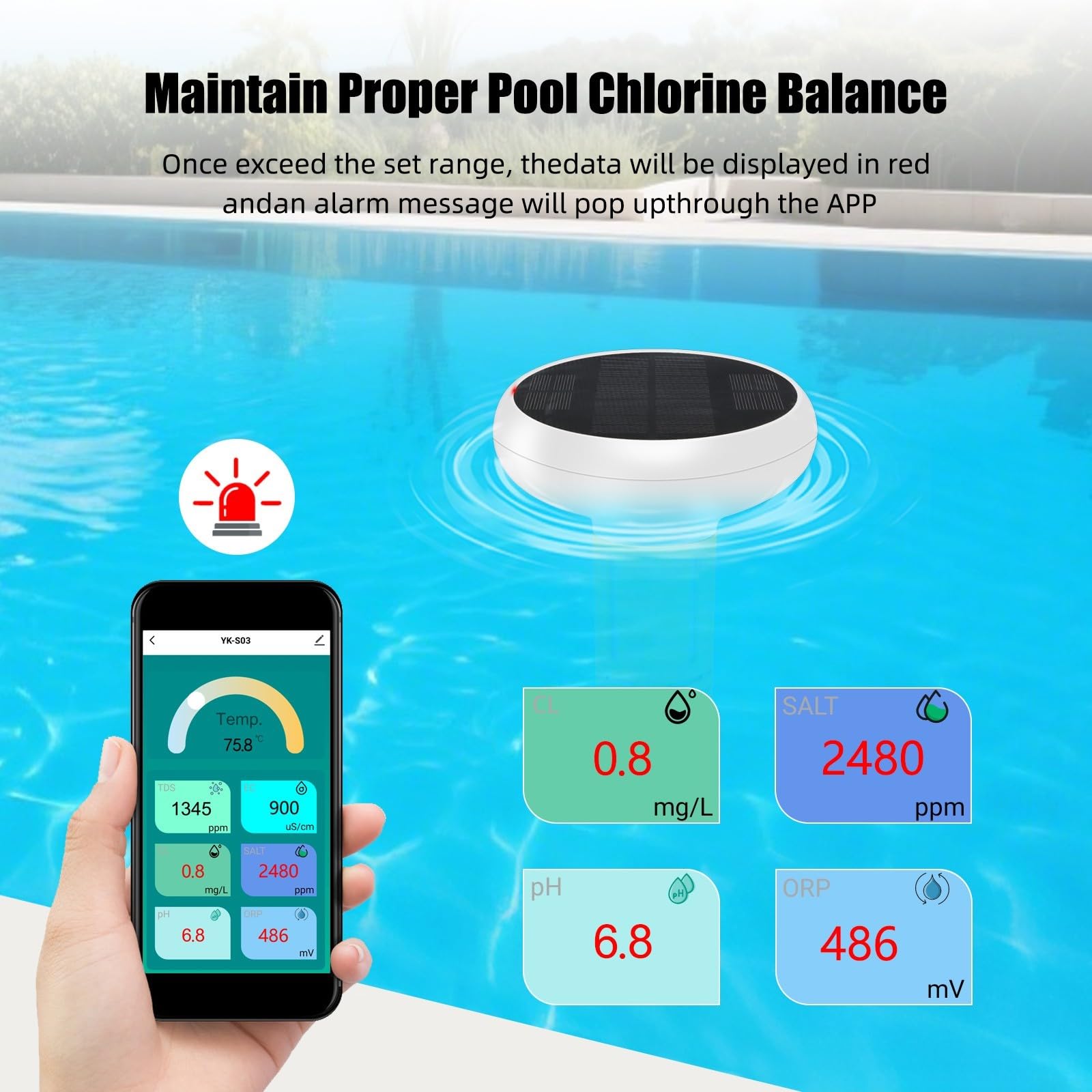 Moniteur intelligent de qualité de l'eau de piscine 7 en 1 pour application Tuya – Testeur de pH de salinité ORP CL WiFi avec données en temps réel pour l'accès aux piscines et spas 210 x 165 mm (B)